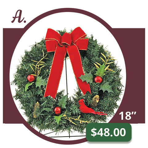 A - Holiday Memorial Wreath with Red Bow & Cardinal