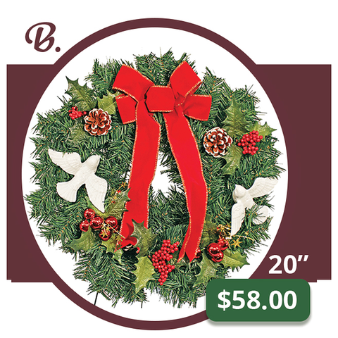 B – 30" Christmas Wreath with Doves and Red Bow